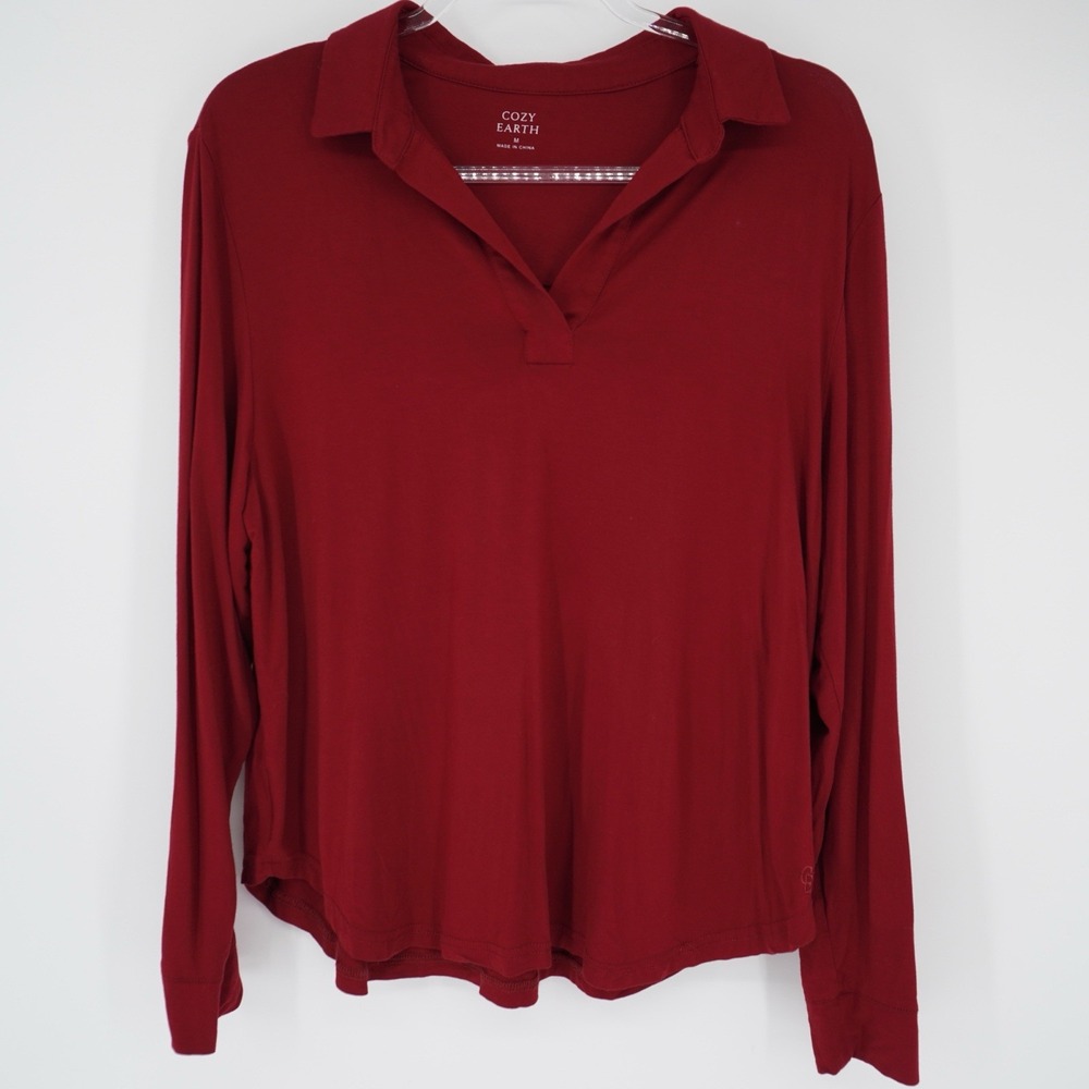 Cozy Earth Bamboo‎ Collared Long Sleeve Burgundy Shirt Comfort Lounge Medium